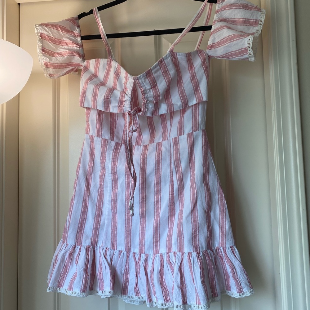 Revolve pink and white dress with drop shoulders!
